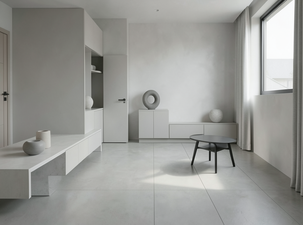 Main redesign studio: Redesign this room in a Minimalist interior style: an uncluttered space, a monochrome neutral palette, a few sculptural pieces, concealed storage, sof