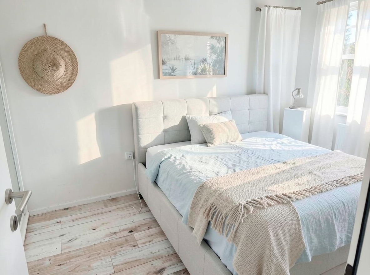 Main redesign studio: Redesign this room in a Coastal interior style: airy whites and soft-blue tones, weathered light wood, natural linen and woven textures, breezy sheer