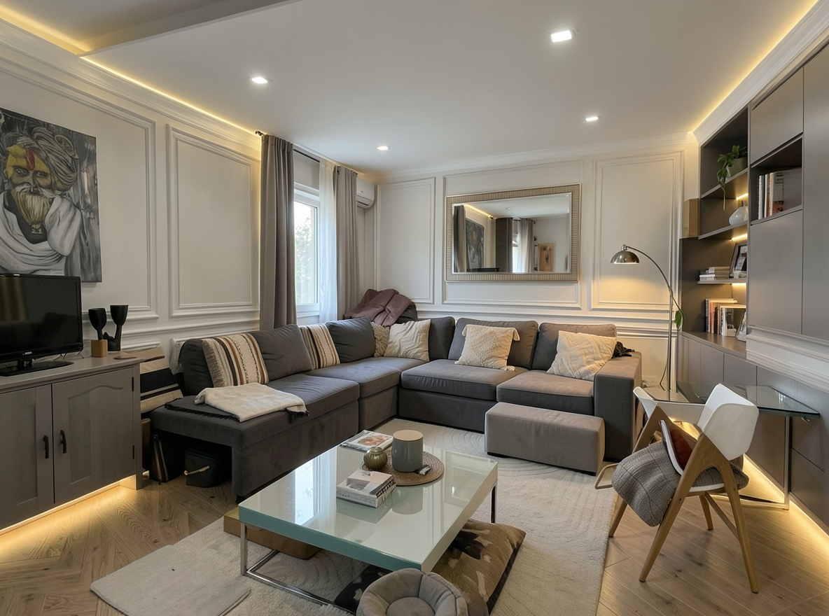 Main redesign studio: Redesign this room in a Modern interior style: clean lines, a neutral palette with bold accents, sleek low-profile furniture, glass and matte-metal su