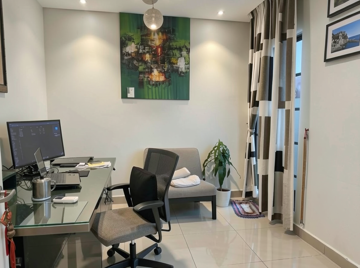 Main redesign studio: Redesign this room in a Modern interior style: clean lines, a neutral palette with bold accents, sleek low-profile furniture, glass and matte-metal su