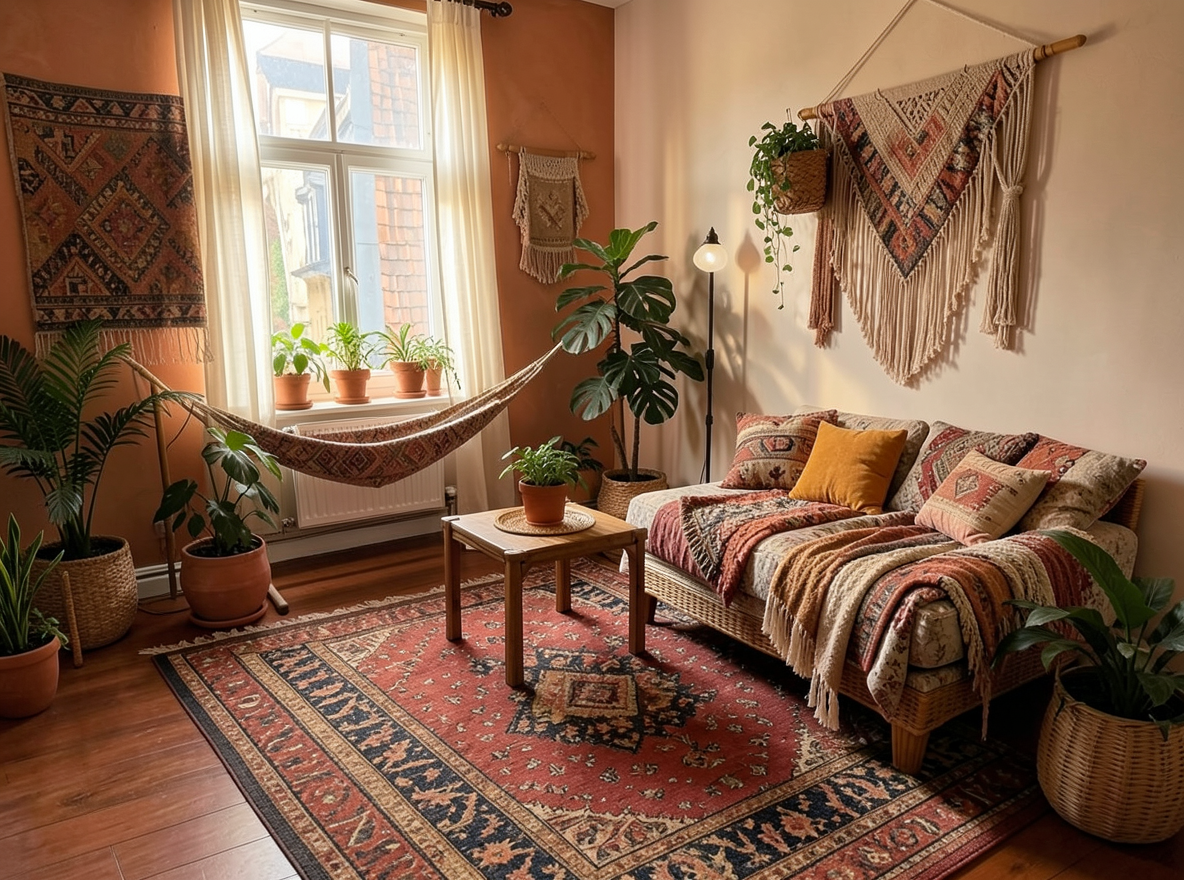 Main redesign studio: Redesign this room in a Boho interior style: layered patterned textiles, rattan and macramé, terracotta and warm earthy tones, abundant plants, vintag