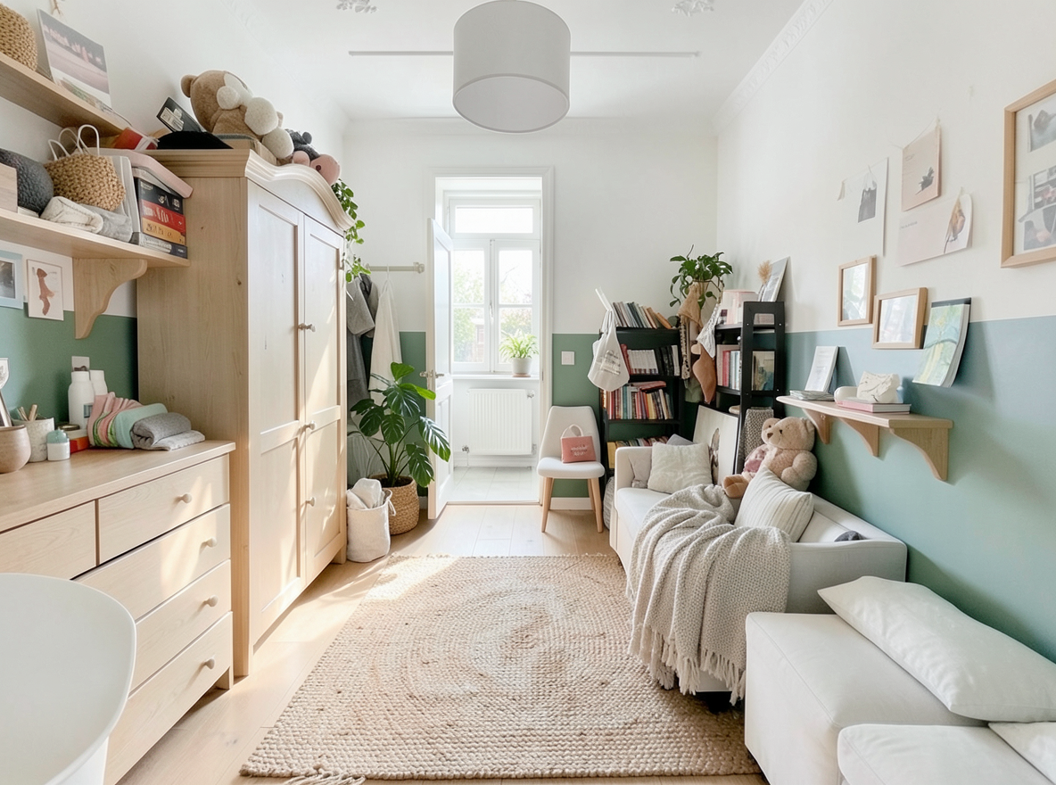 Main redesign studio: Redesign this room in a Scandinavian interior style: light oak wood, a white and soft-grey palette, wool and linen textiles, a woven jute rug, leafy p
