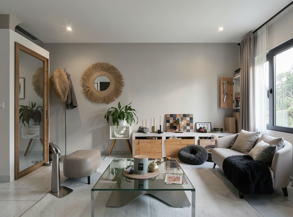 Main redesign studio: Redesign this room in a Modern interior style: clean lines, a neutral palette with bold accents, sleek low-profile furniture, glass and matte-metal su