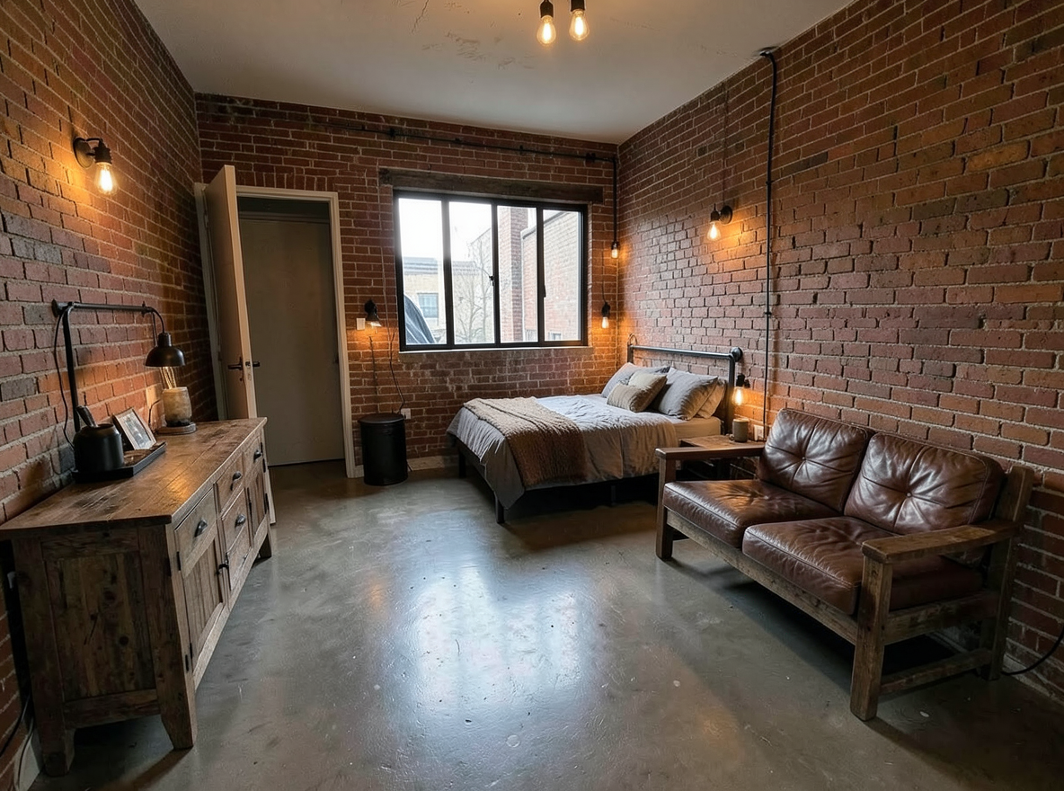 Main redesign studio: Redesign this room in a Industrial interior style: exposed-brick walls, black steel and reclaimed-wood furniture, polished concrete floor, leather acc