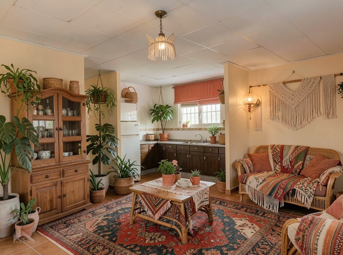 Main redesign studio: Redesign this room in a Boho interior style: layered patterned textiles, rattan and macramé, terracotta and warm earthy tones, abundant plants, vintag