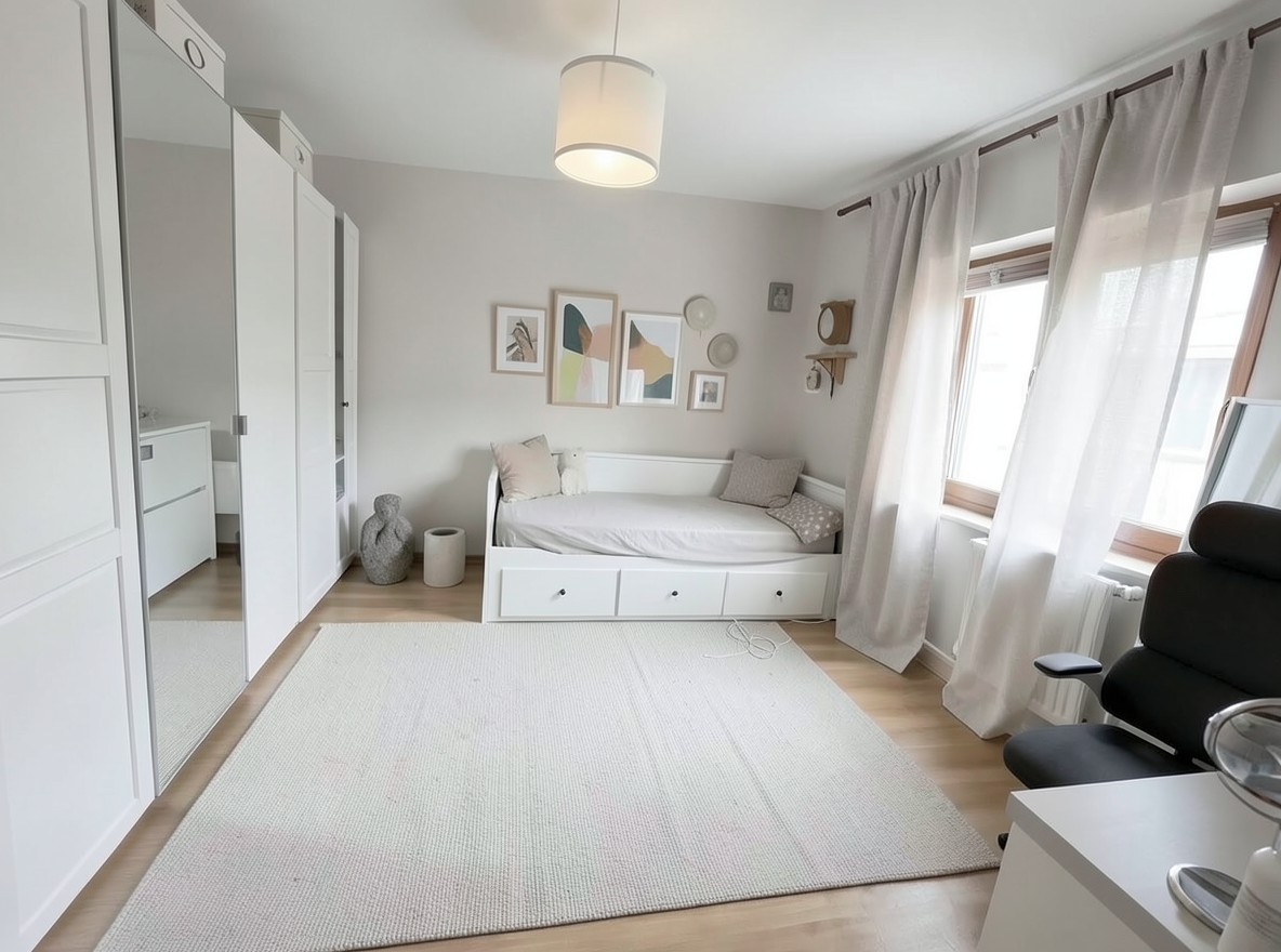 Main redesign studio: Redesign this room in a Minimalist interior style: an uncluttered space, a monochrome neutral palette, a few sculptural pieces, concealed storage, sof