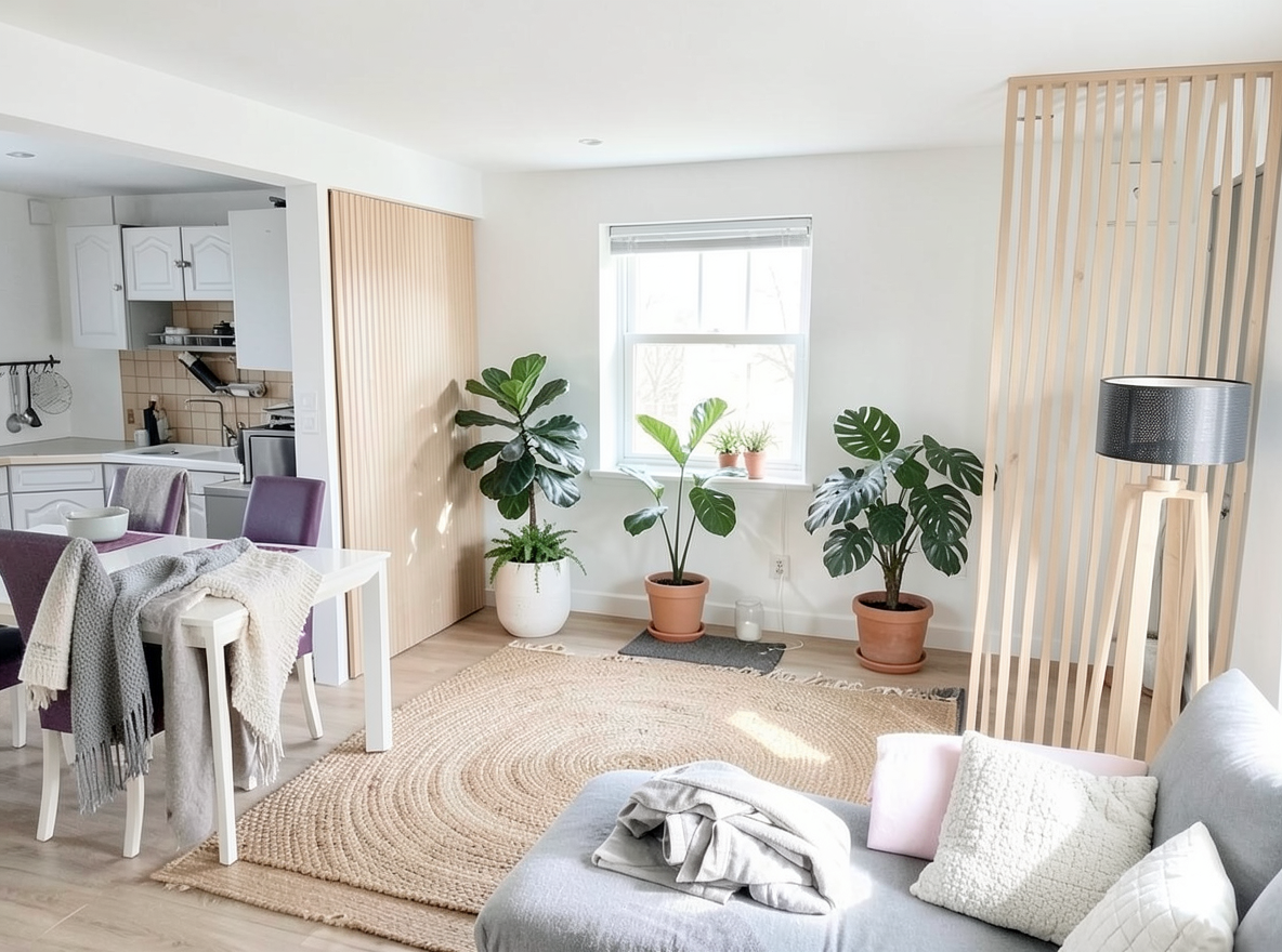 Main redesign studio: Redesign this room in a Scandinavian interior style: light oak wood, a white and soft-grey palette, wool and linen textiles, a woven jute rug, leafy p