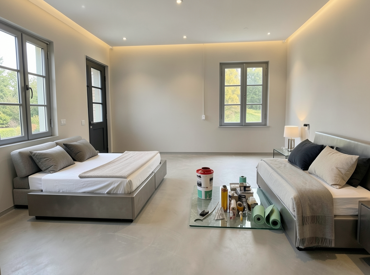 Main redesign studio: Redesign this room in a Modern interior style: clean lines, a neutral palette with bold accents, sleek low-profile furniture, glass and matte-metal su