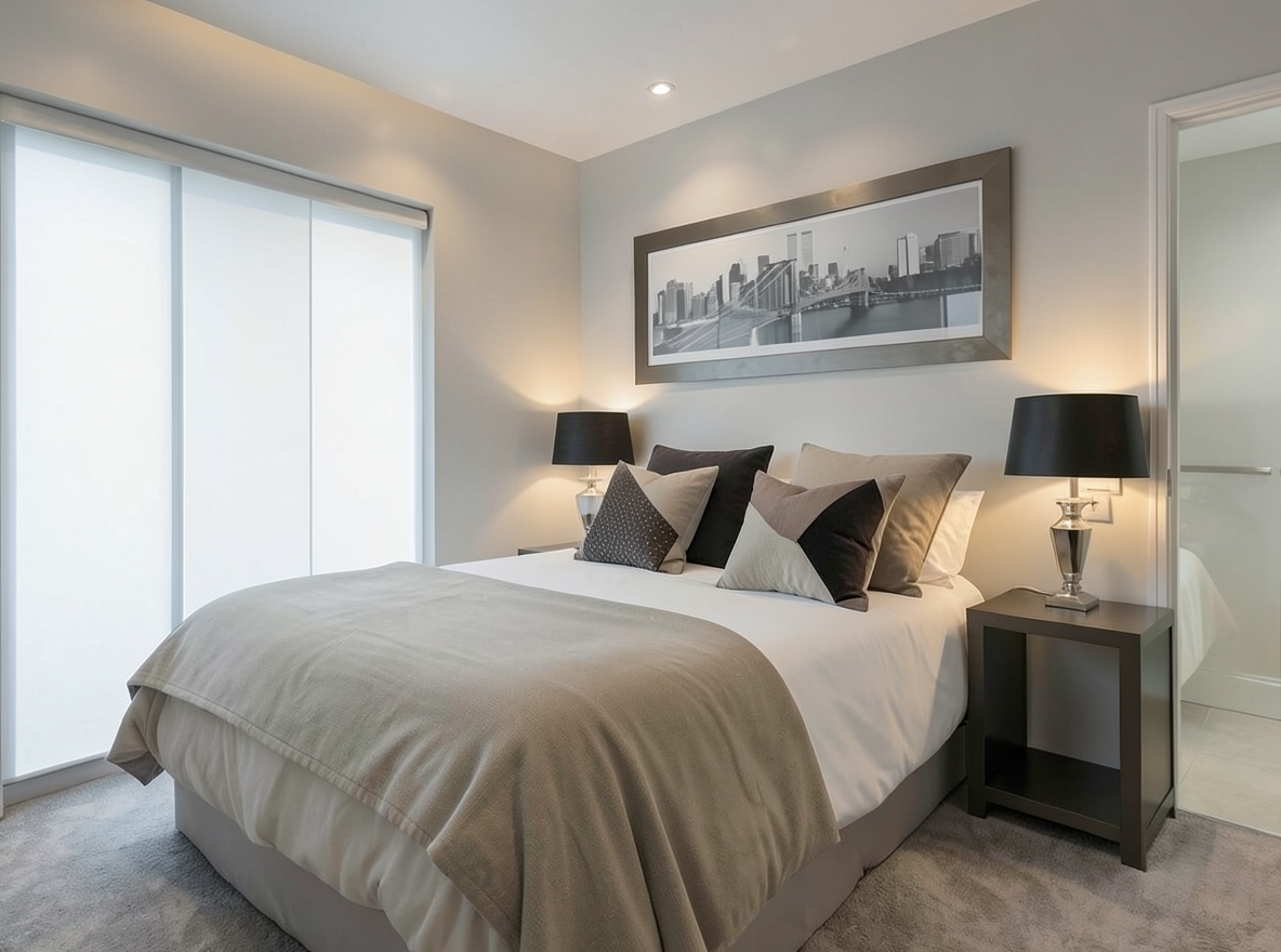 Main redesign studio: Redesign this room in a Modern interior style: clean lines, a neutral palette with bold accents, sleek low-profile furniture, glass and matte-metal su
