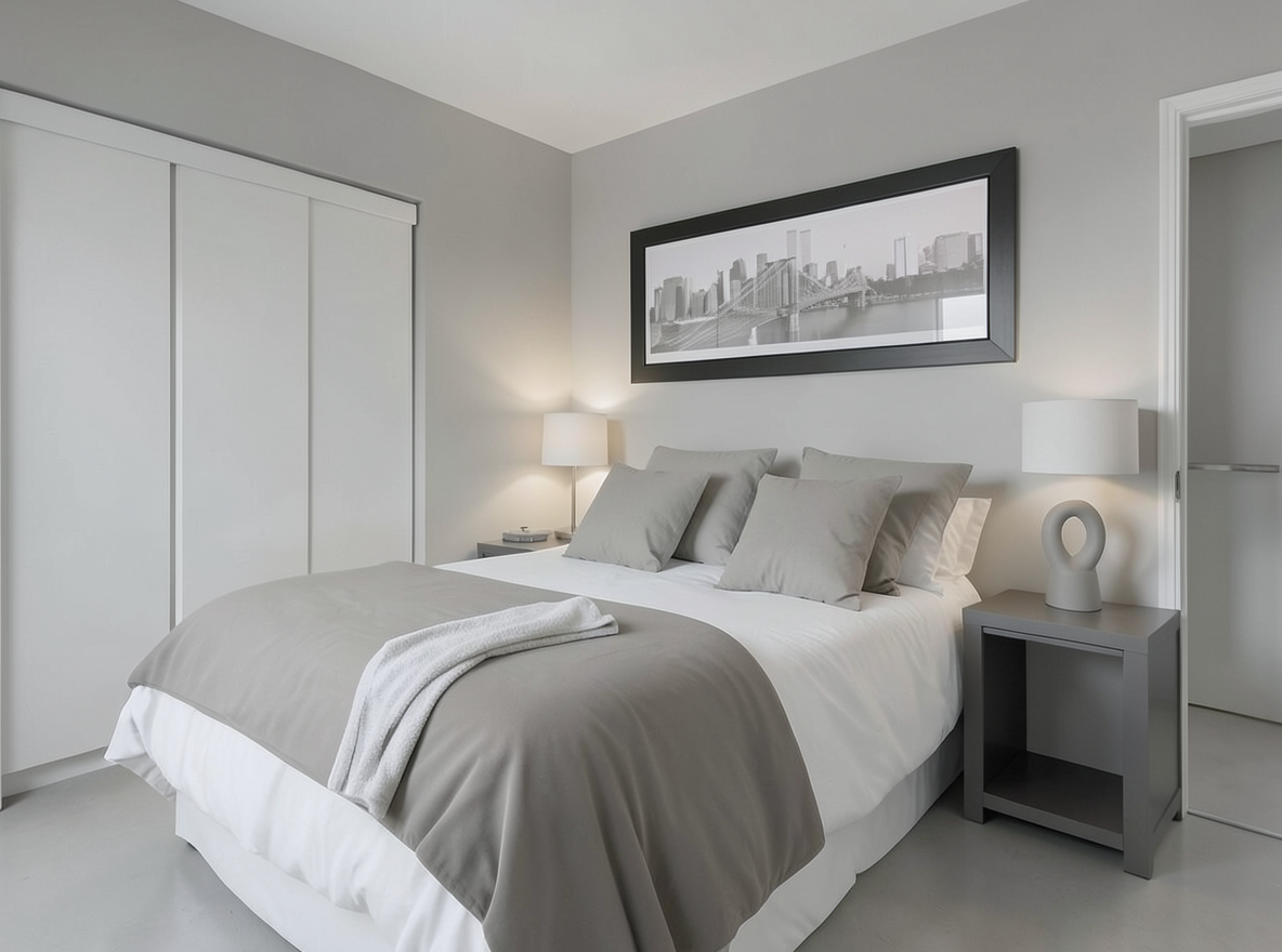Main redesign studio: Redesign this room in a Minimalist interior style: an uncluttered space, a monochrome neutral palette, a few sculptural pieces, concealed storage, sof