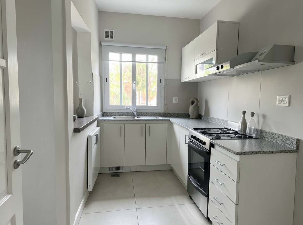 Main redesign studio: Redesign this room in a Minimalist interior style: an uncluttered space, a monochrome neutral palette, a few sculptural pieces, concealed storage, sof