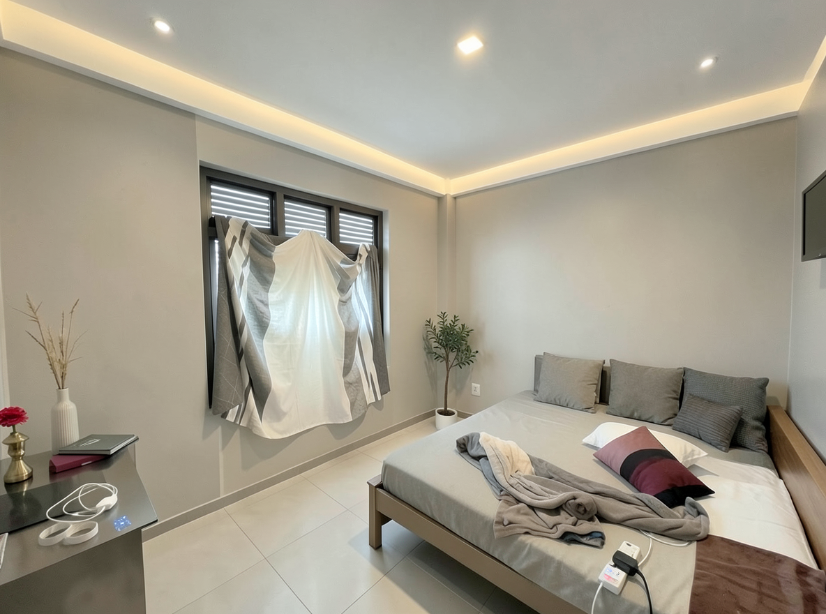 Main redesign studio: Redesign this room in a Modern interior style: clean lines, a neutral palette with bold accents, sleek low-profile furniture, glass and matte-metal su