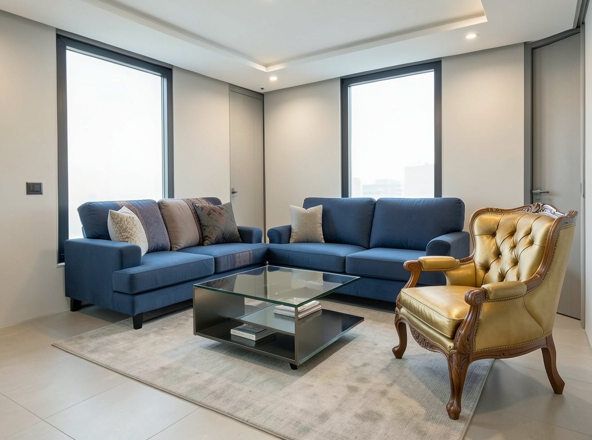 Main redesign studio: Redesign this room in a Modern interior style: clean lines, a neutral palette with bold accents, sleek low-profile furniture, glass and matte-metal su