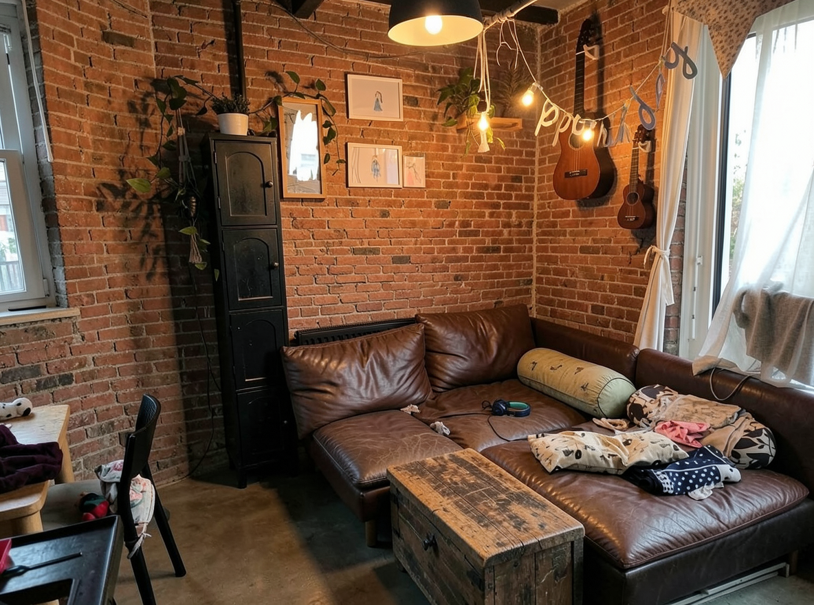 Main redesign studio: Redesign this room in a Industrial interior style: exposed-brick walls, black steel and reclaimed-wood furniture, polished concrete floor, leather acc