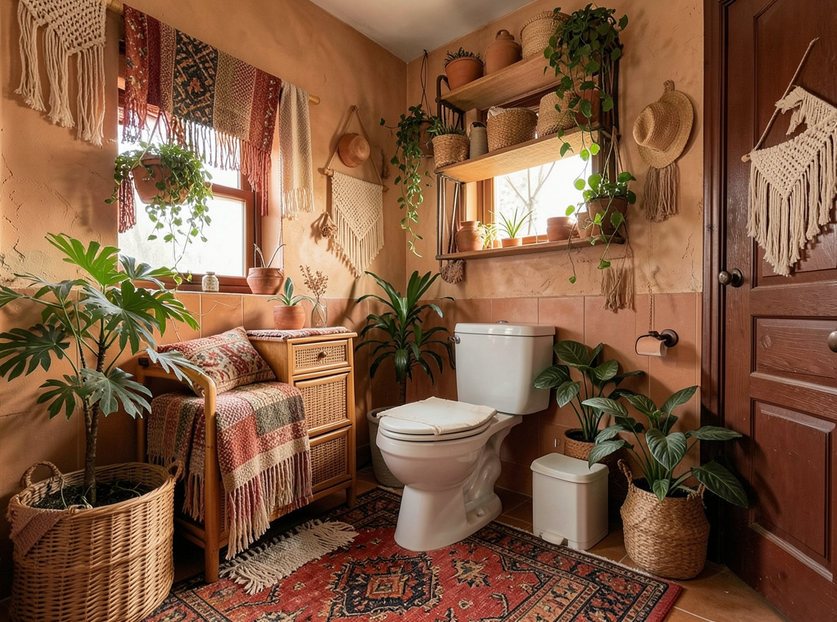 Main redesign studio: Redesign this room in a Boho interior style: layered patterned textiles, rattan and macramé, terracotta and warm earthy tones, abundant plants, vintag
