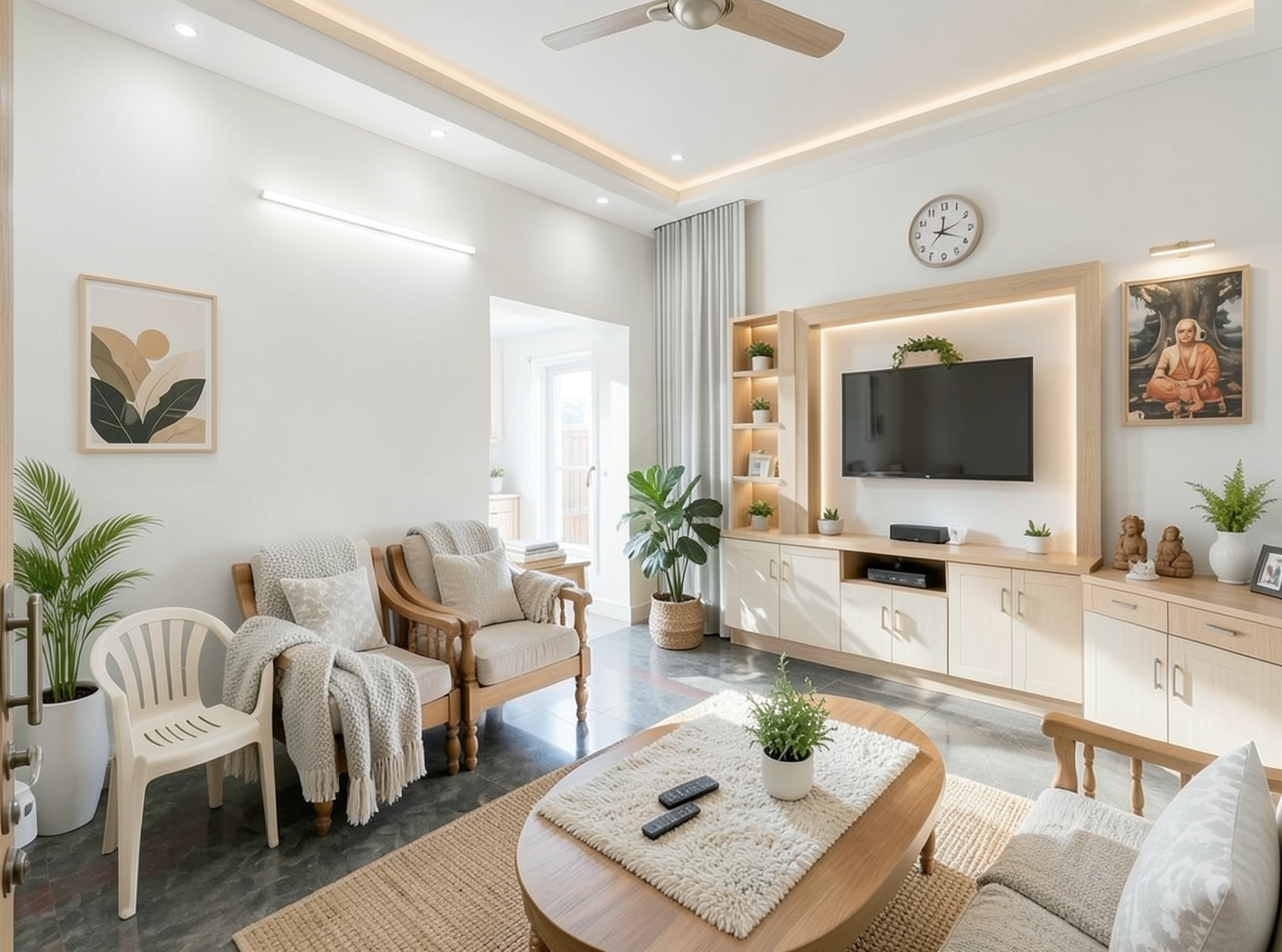 Main redesign studio: Redesign this room in a Scandinavian interior style: light oak wood, a white and soft-grey palette, wool and linen textiles, a woven jute rug, leafy p