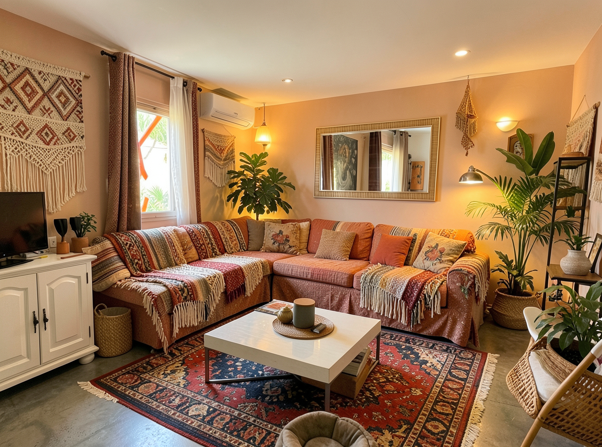 Main redesign studio: Redesign this room in a Boho interior style: layered patterned textiles, rattan and macramé, terracotta and warm earthy tones, abundant plants, vintag