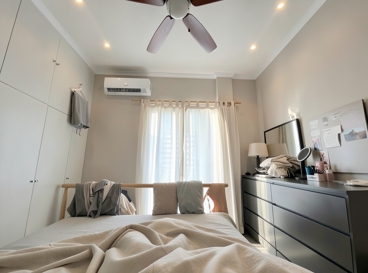 Main redesign studio: Redesign this room in a Modern interior style: clean lines, a neutral palette with bold accents, sleek low-profile furniture, glass and matte-metal su