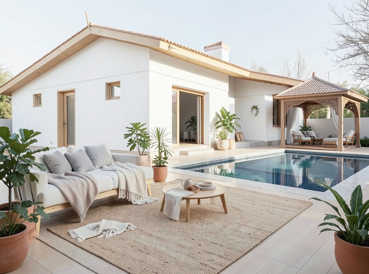 Main redesign studio: Redesign this room in a Scandinavian interior style: light oak wood, a white and soft-grey palette, wool and linen textiles, a woven jute rug, leafy p