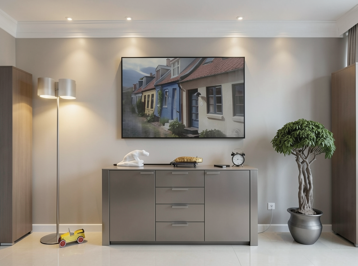Main redesign studio: Redesign this room in a Modern interior style: clean lines, a neutral palette with bold accents, sleek low-profile furniture, glass and matte-metal su