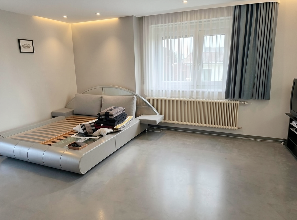 Main redesign studio: Redesign this room in a Modern interior style: clean lines, a neutral palette with bold accents, sleek low-profile furniture, glass and matte-metal su