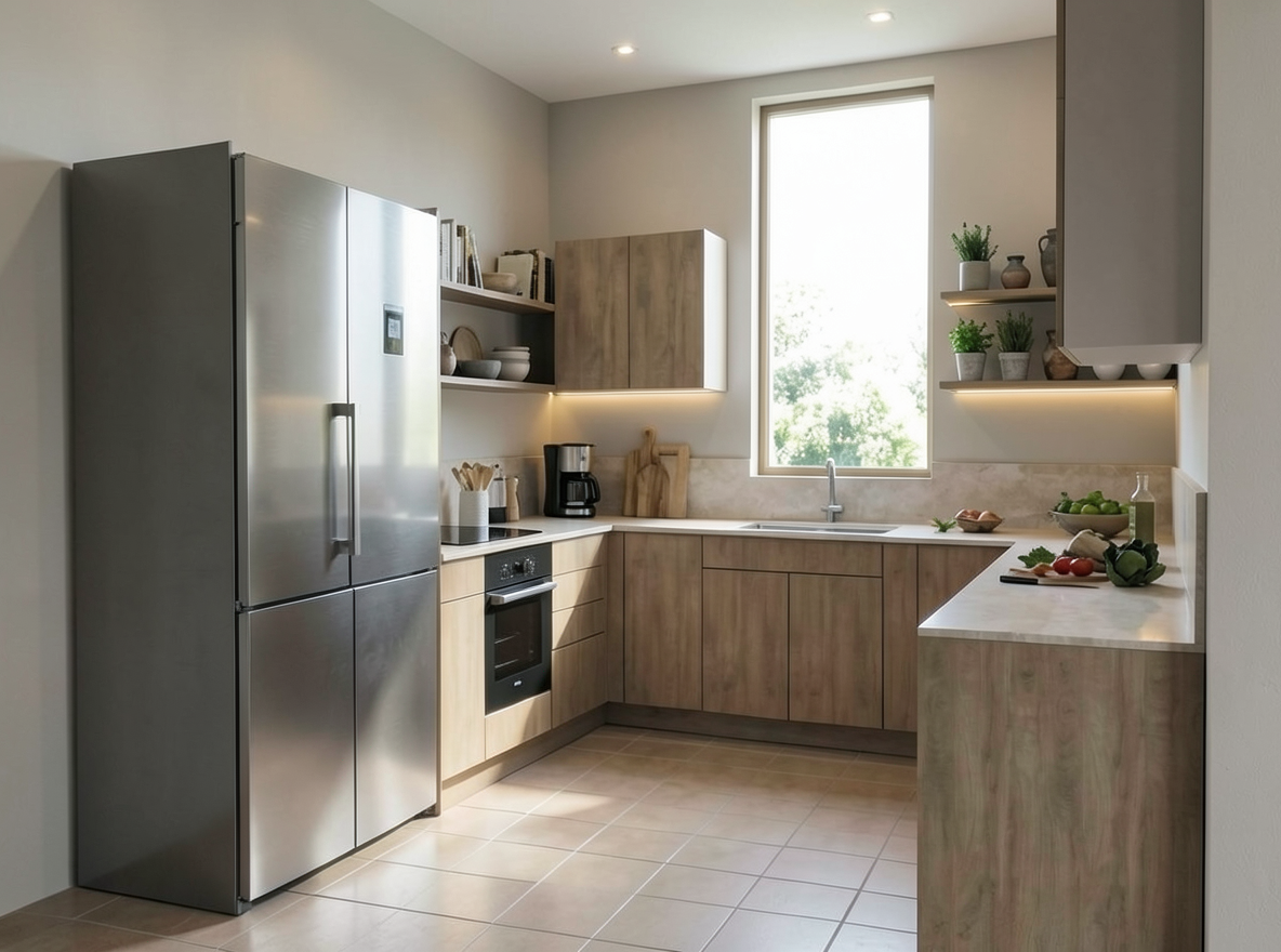 Main redesign studio: Redesign this room in a Modern interior style: clean lines, a neutral palette with bold accents, sleek low-profile furniture, glass and matte-metal su