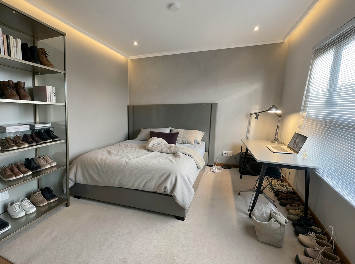Main redesign studio: Redesign this room in a Modern interior style: clean lines, a neutral palette with bold accents, sleek low-profile furniture, glass and matte-metal su