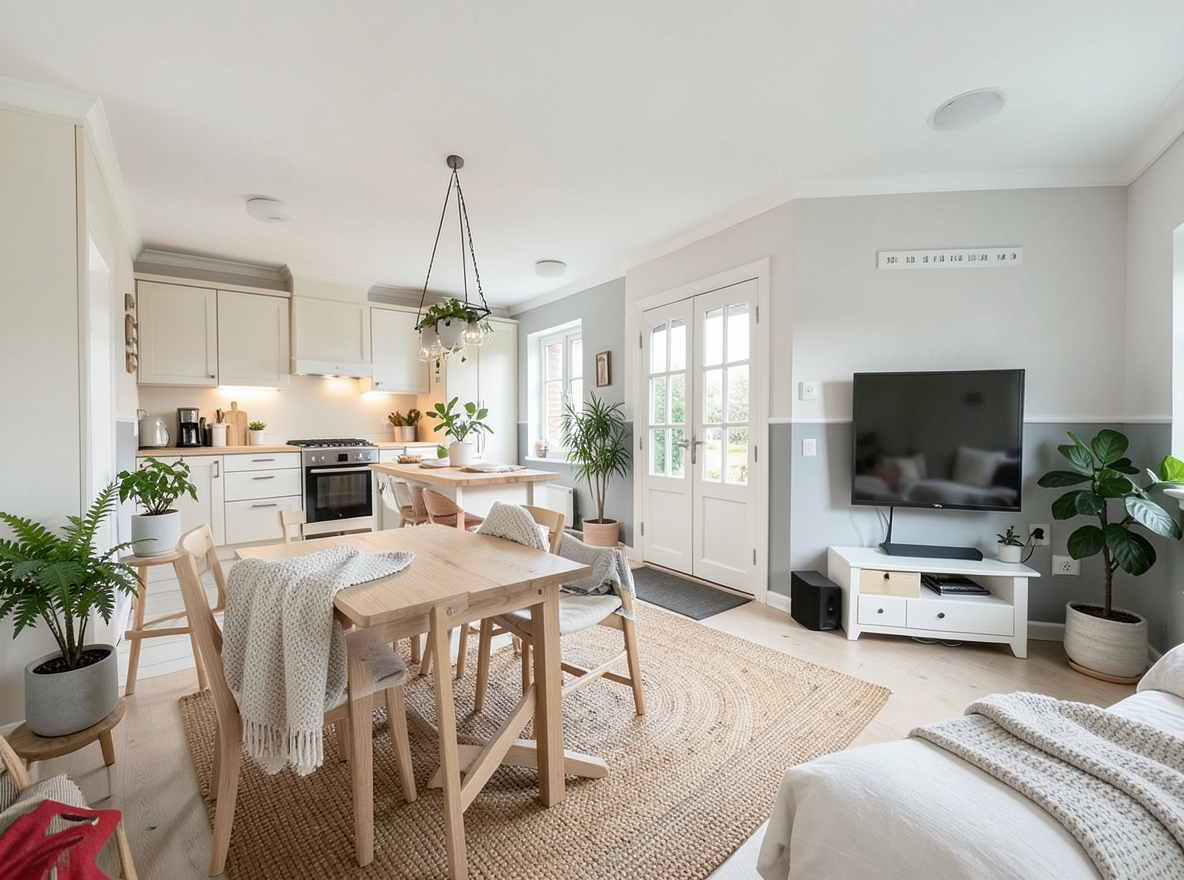 Main redesign studio: Redesign this room in a Scandinavian interior style: light oak wood, a white and soft-grey palette, wool and linen textiles, a woven jute rug, leafy p