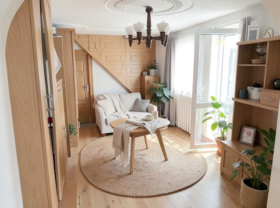 Main redesign studio: Redesign this room in a Scandinavian interior style: light oak wood, a white and soft-grey palette, wool and linen textiles, a woven jute rug, leafy p