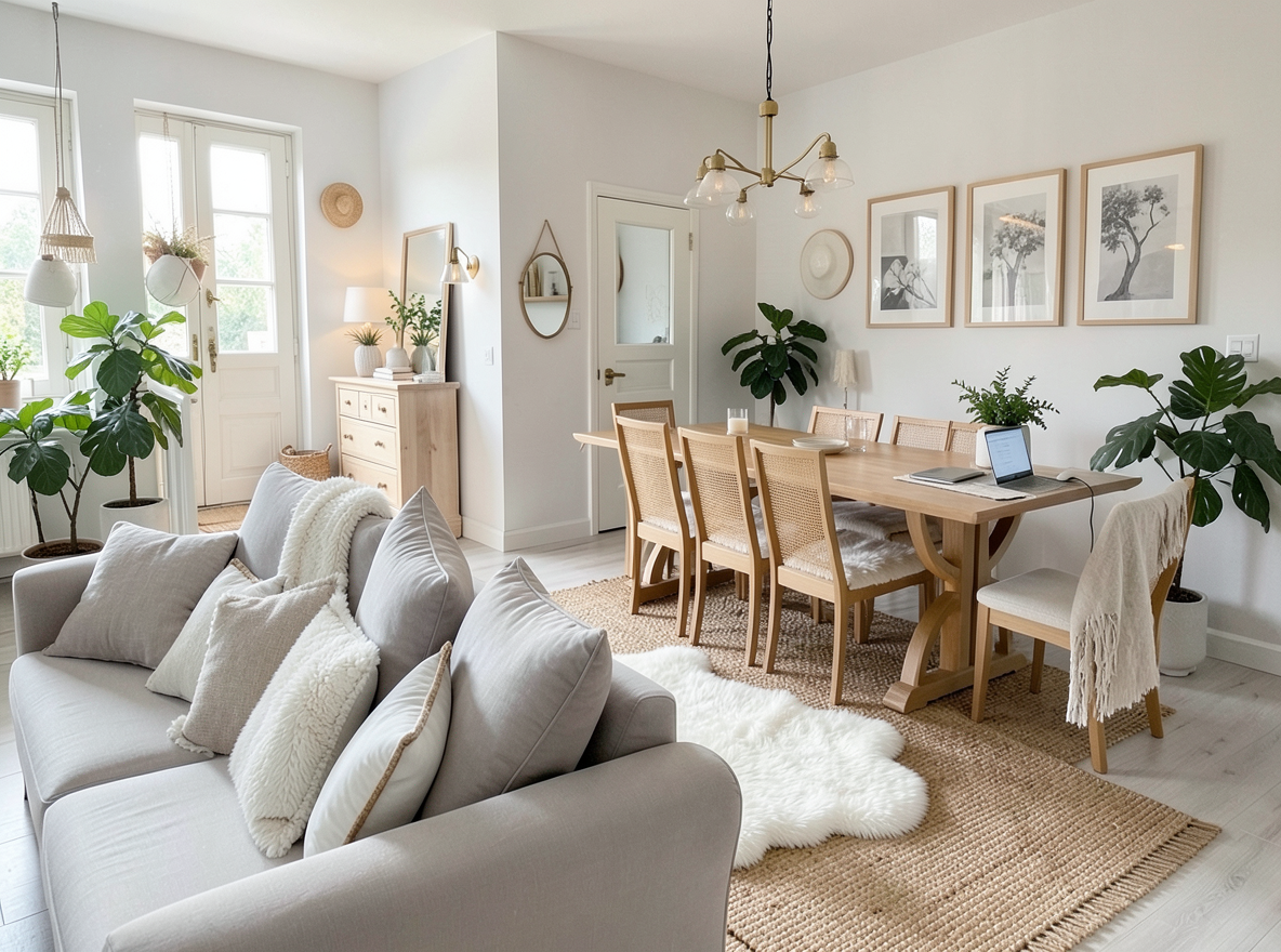 Main redesign studio: Redesign this room in a Scandinavian interior style: light oak wood, a white and soft-grey palette, wool and linen textiles, a woven jute rug, leafy p