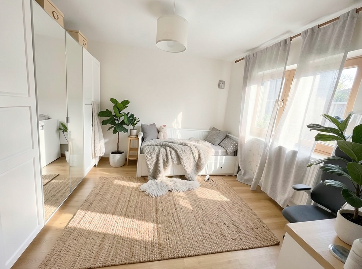 Main redesign studio: Redesign this room in a Scandinavian interior style: light oak wood, a white and soft-grey palette, wool and linen textiles, a woven jute rug, leafy p