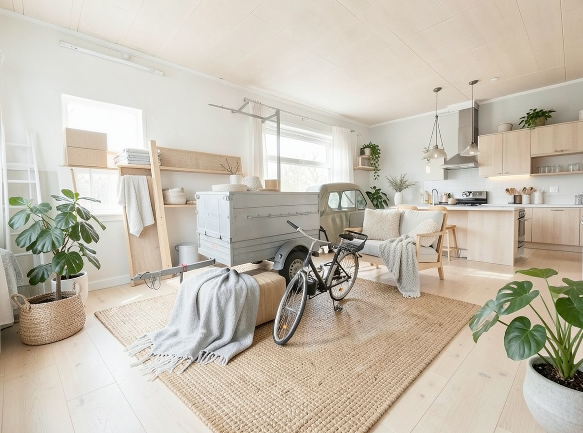 Main redesign studio: Redesign this room in a Scandinavian interior style: light oak wood, a white and soft-grey palette, wool and linen textiles, a woven jute rug, leafy p