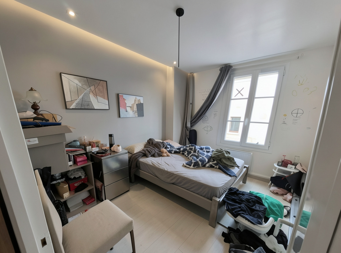 Main redesign studio: Redesign this room in a Modern interior style: clean lines, a neutral palette with bold accents, sleek low-profile furniture, glass and matte-metal su