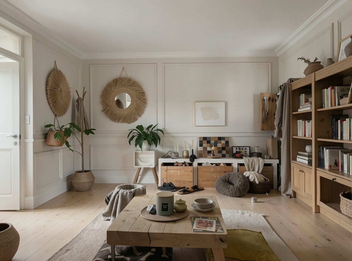 Main redesign studio: Redesign this room in a Japandi interior style: low natural-wood furniture, a muted earthy palette, handcrafted ceramics, linen textiles, soft diffuse