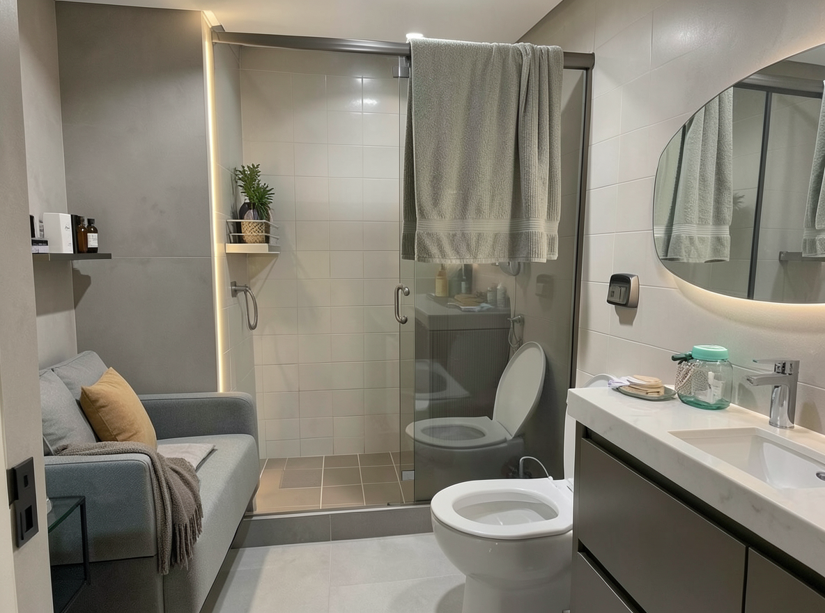 Main redesign studio: Redesign this room in a Modern interior style: clean lines, a neutral palette with bold accents, sleek low-profile furniture, glass and matte-metal su