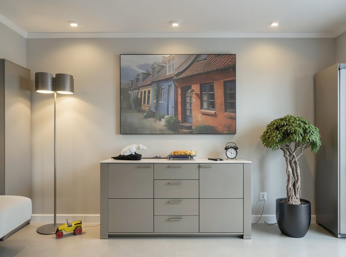 Main redesign studio: Redesign this room in a Modern interior style: clean lines, a neutral palette with bold accents, sleek low-profile furniture, glass and matte-metal su