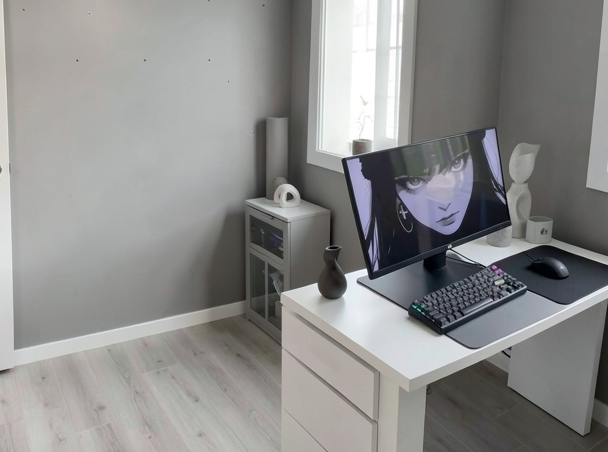 Main redesign studio: Redesign this room in a Minimalist interior style: an uncluttered space, a monochrome neutral palette, a few sculptural pieces, concealed storage, sof