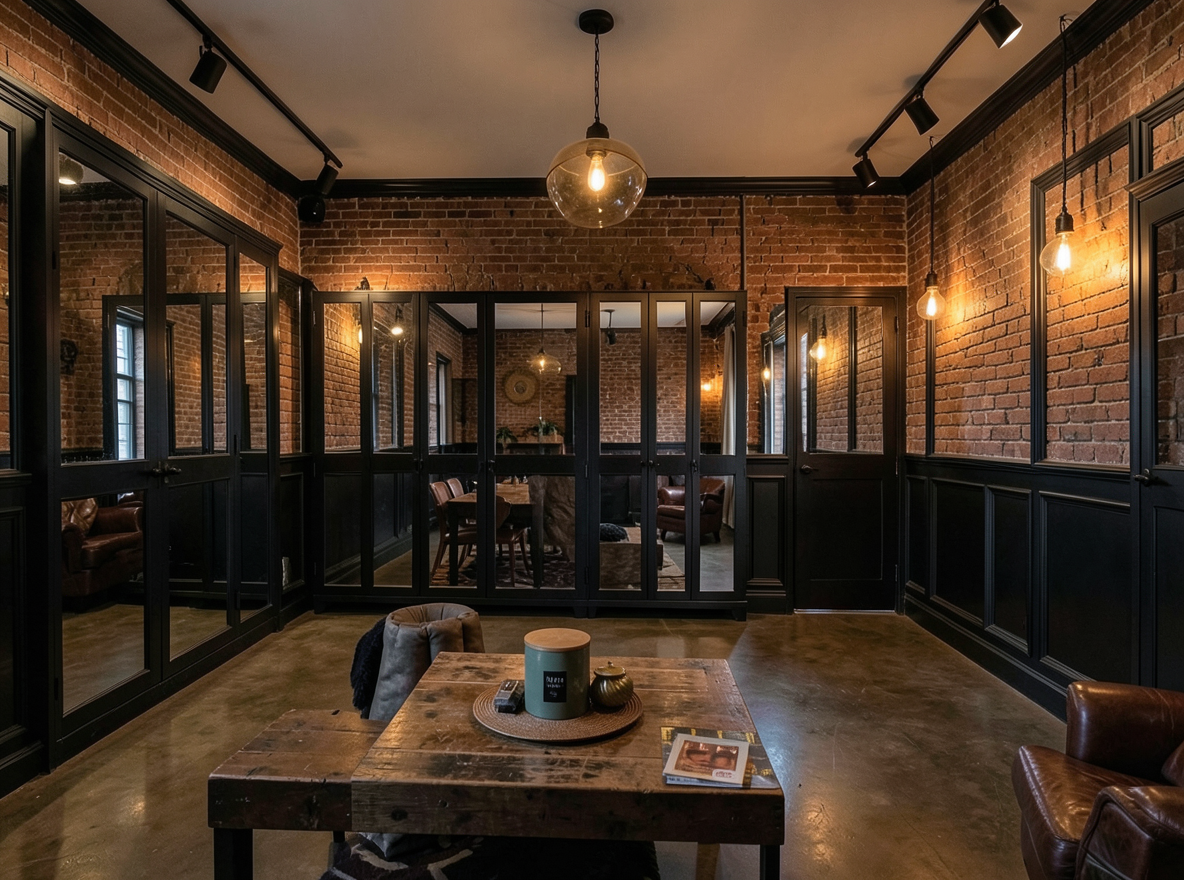 Main redesign studio: Redesign this room in a Industrial interior style: exposed-brick walls, black steel and reclaimed-wood furniture, polished concrete floor, leather acc
