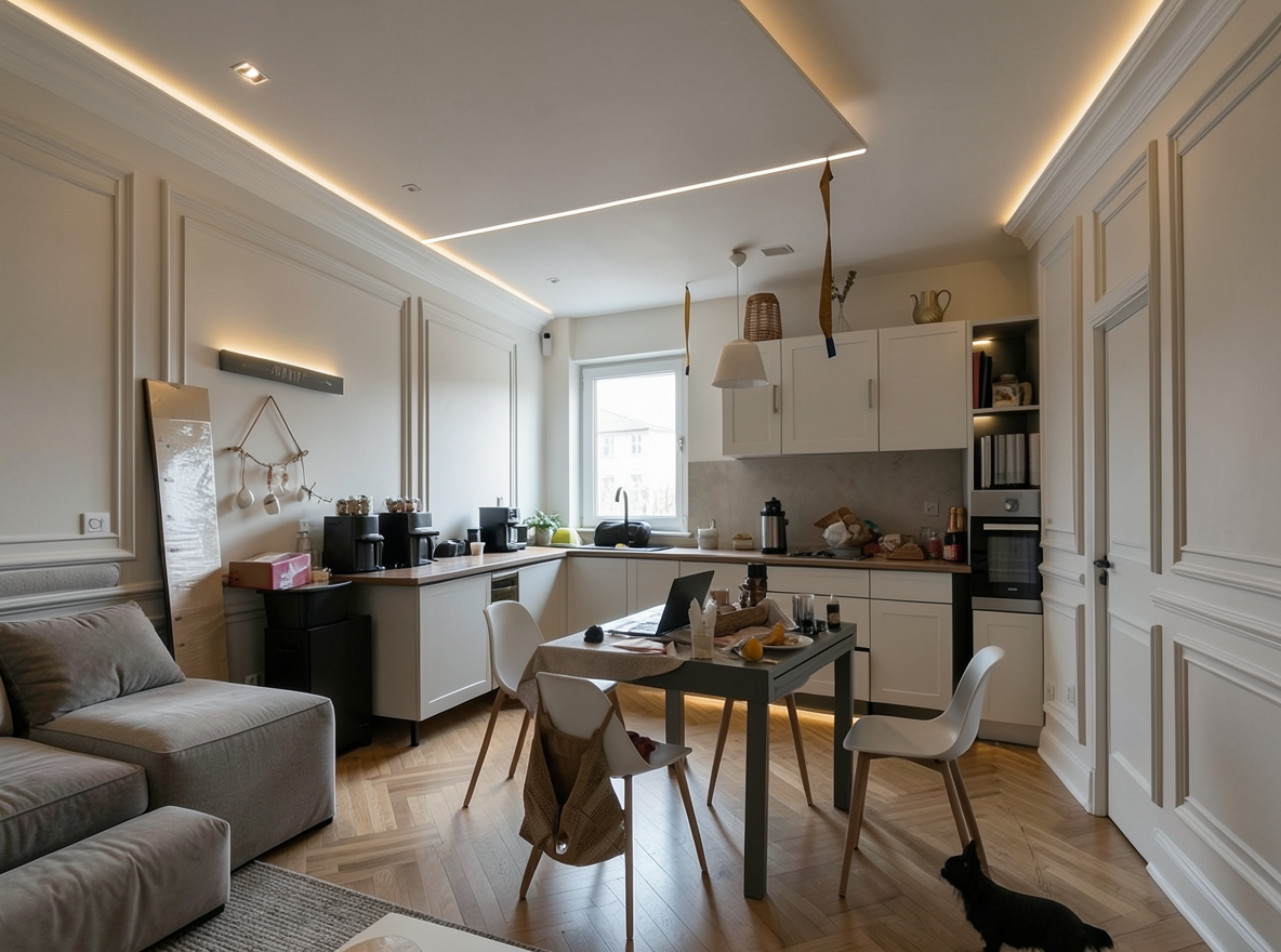 Main redesign studio: Redesign this room in a Modern interior style: clean lines, a neutral palette with bold accents, sleek low-profile furniture, glass and matte-metal su
