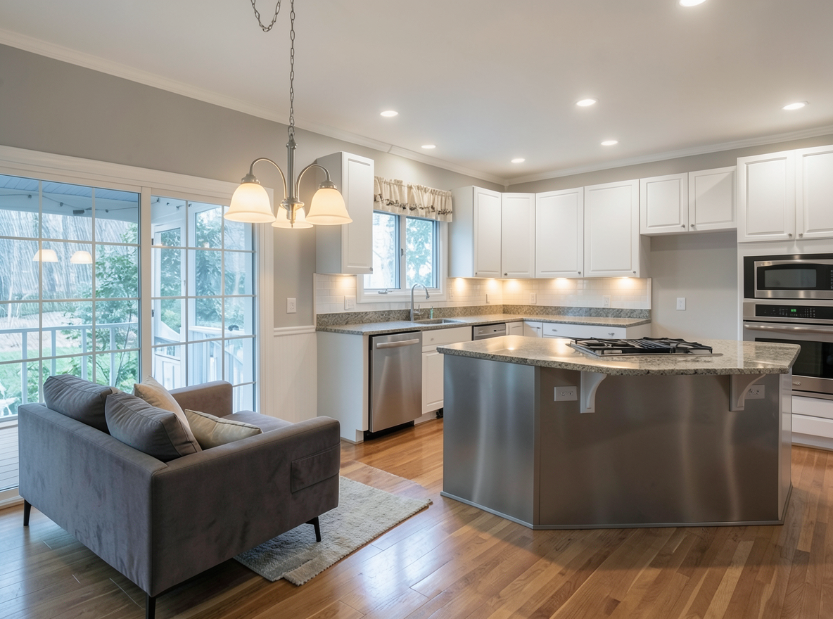 Main redesign studio: Redesign this room in a Modern interior style: clean lines, a neutral palette with bold accents, sleek low-profile furniture, glass and matte-metal su