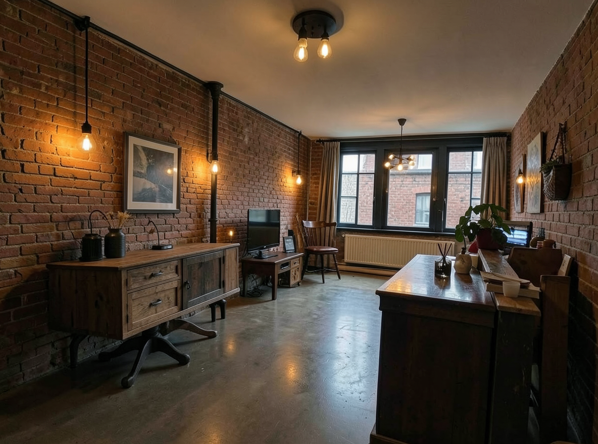 Main redesign studio: Redesign this room in a Industrial interior style: exposed-brick walls, black steel and reclaimed-wood furniture, polished concrete floor, leather acc