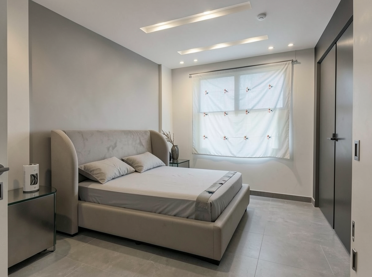 Main redesign studio: Redesign this room in a Modern interior style: clean lines, a neutral palette with bold accents, sleek low-profile furniture, glass and matte-metal su
