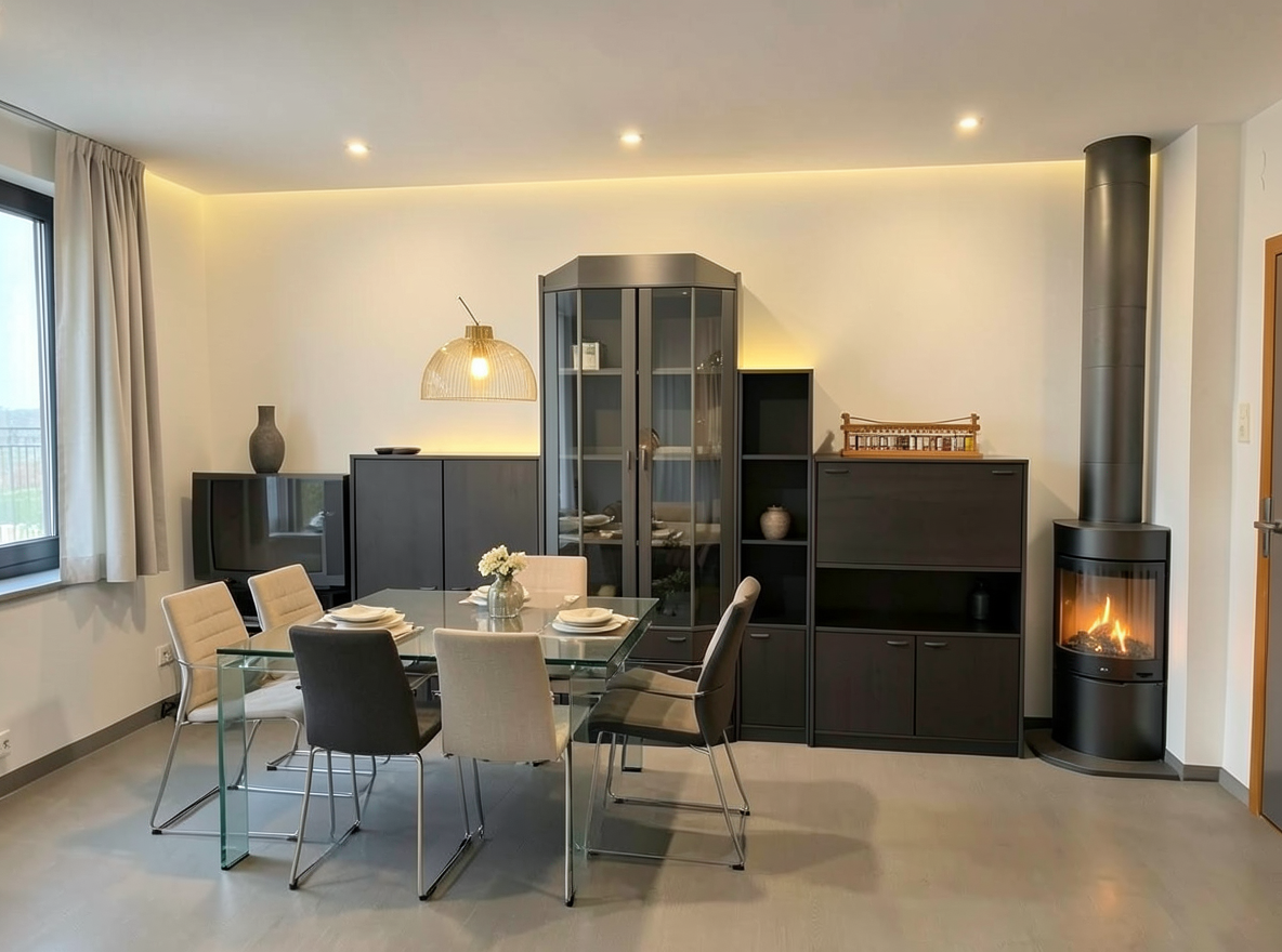 Main redesign studio: Redesign this room in a Modern interior style: clean lines, a neutral palette with bold accents, sleek low-profile furniture, glass and matte-metal su