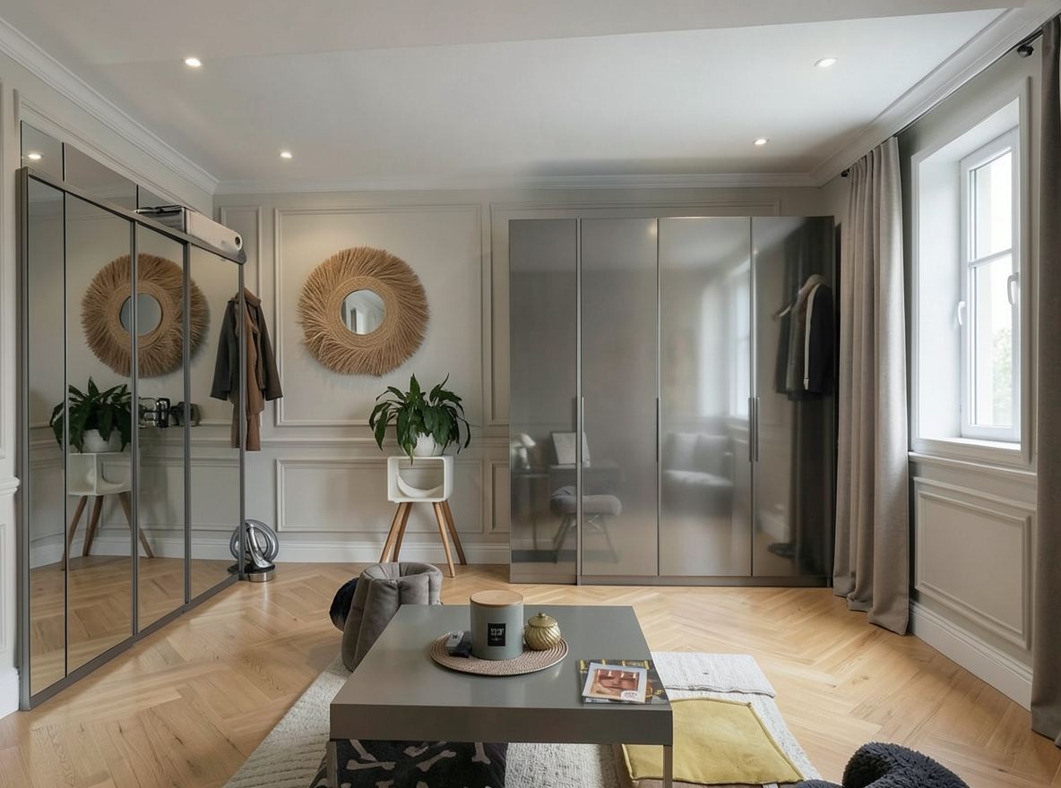 Main redesign studio: Redesign this room in a Modern interior style: clean lines, a neutral palette with bold accents, sleek low-profile furniture, glass and matte-metal su