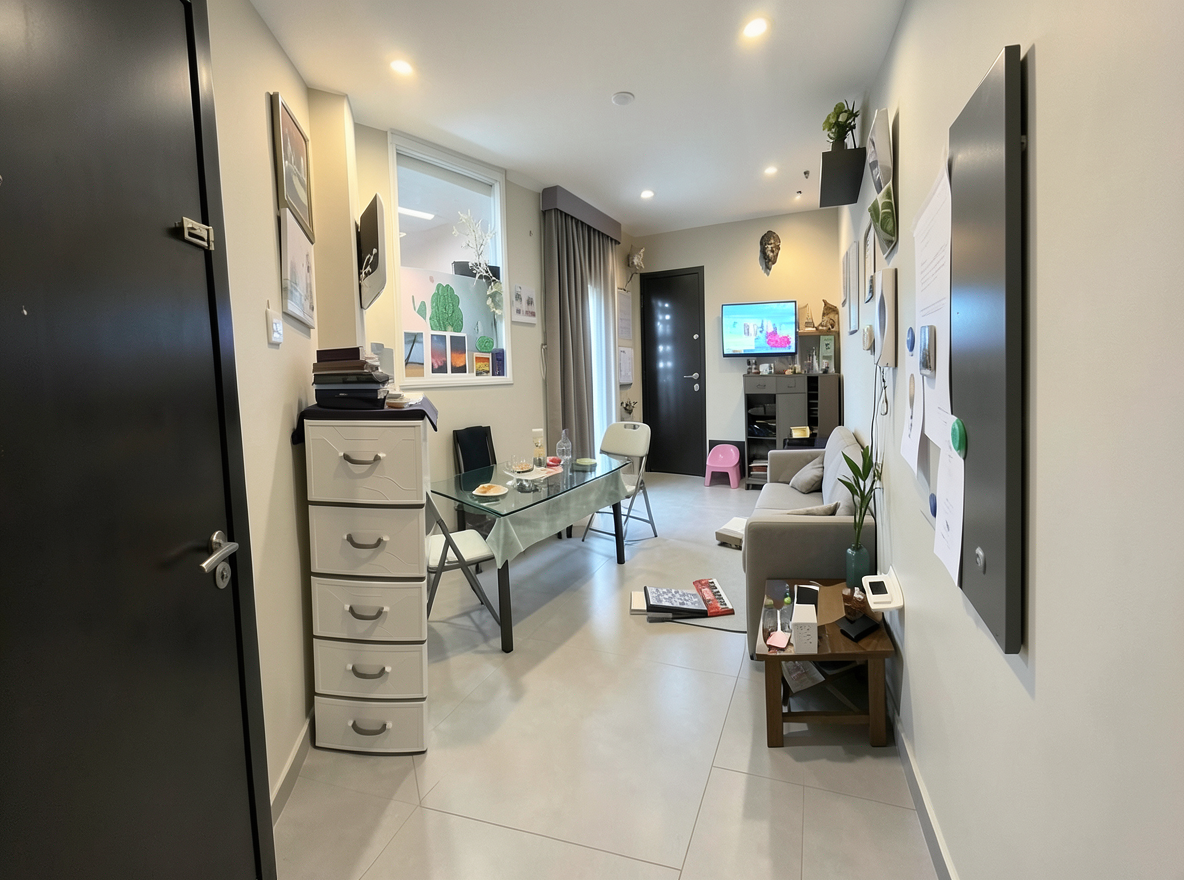 Main redesign studio: Redesign this room in a Modern interior style: clean lines, a neutral palette with bold accents, sleek low-profile furniture, glass and matte-metal su