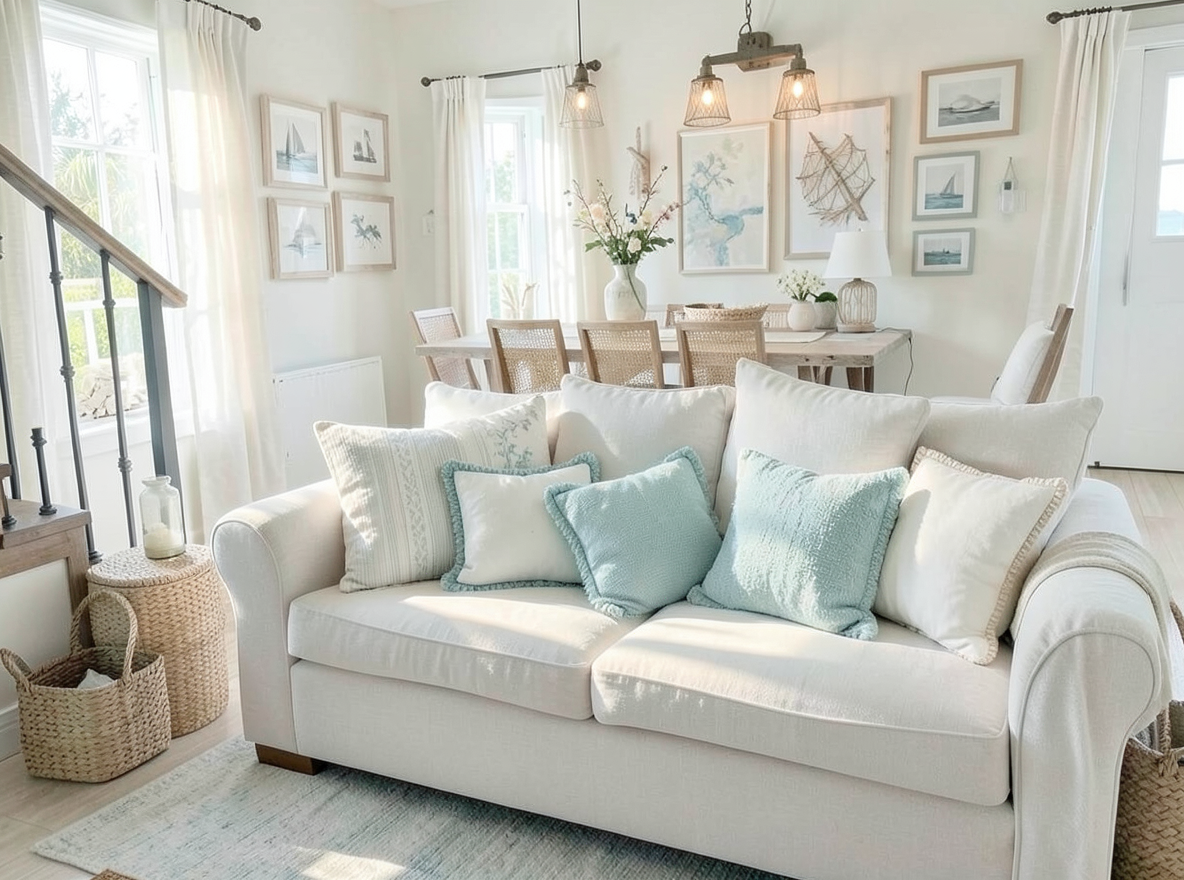 Main redesign studio: Redesign this room in a Coastal interior style: airy whites and soft-blue tones, weathered light wood, natural linen and woven textures, breezy sheer