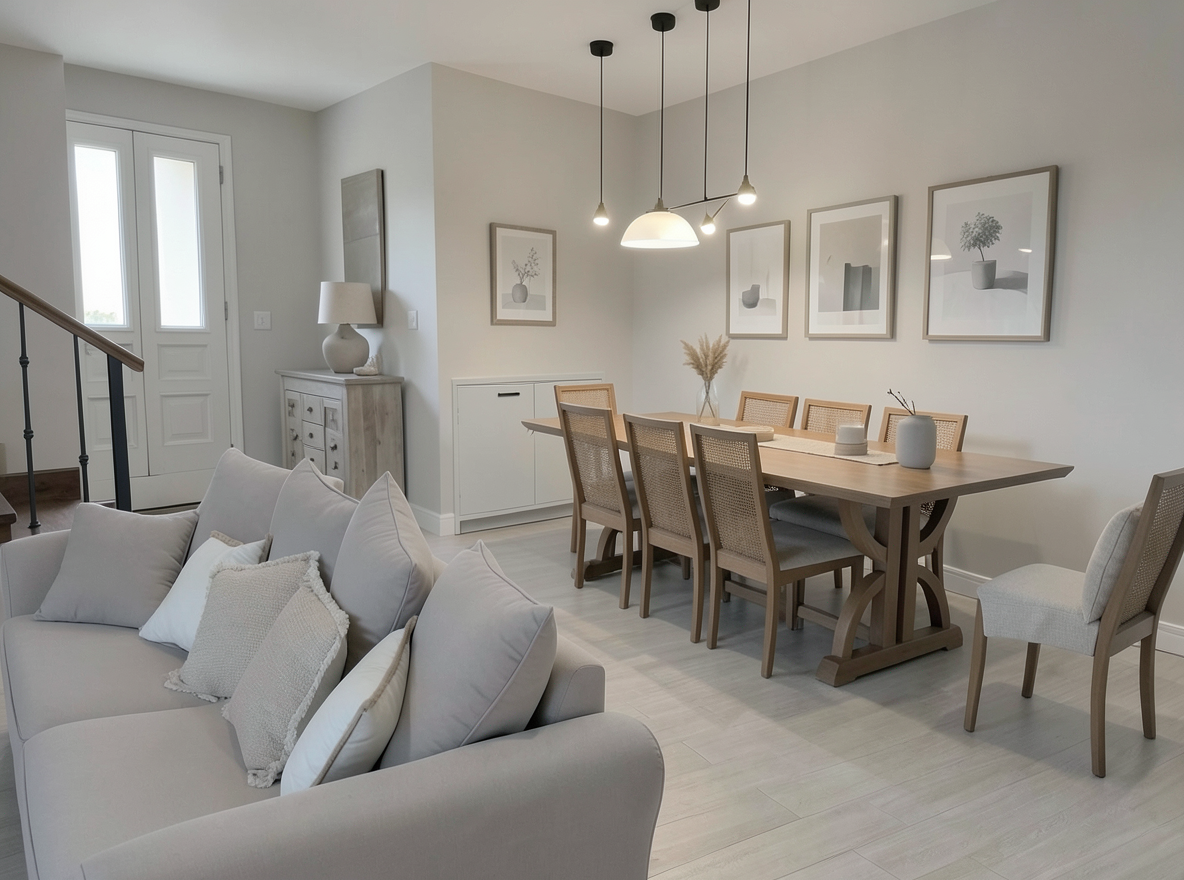 Main redesign studio: Redesign this room in a Minimalist interior style: an uncluttered space, a monochrome neutral palette, a few sculptural pieces, concealed storage, sof
