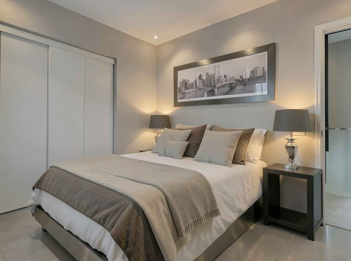 Main redesign studio: Redesign this room in a Modern interior style: clean lines, a neutral palette with bold accents, sleek low-profile furniture, glass and matte-metal su