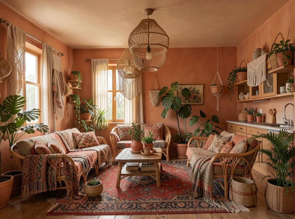 Main redesign studio: Redesign this room in a Boho interior style: layered patterned textiles, rattan and macramé, terracotta and warm earthy tones, abundant plants, vintag