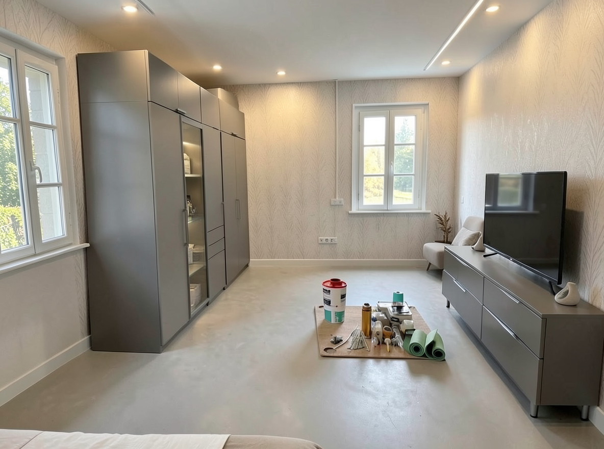 Main redesign studio: Redesign this room in a Modern interior style: clean lines, a neutral palette with bold accents, sleek low-profile furniture, glass and matte-metal su